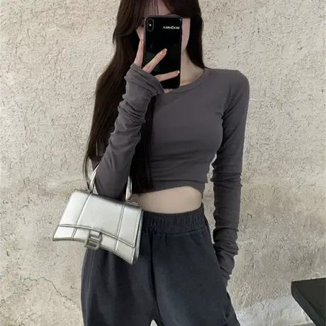 长袖t恤女早秋季设计感辣妹炸街性感短款露脐打底衫上衣服初秋装图片