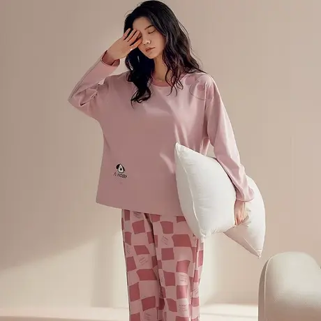 猫人2023年新款睡衣女春秋季纯棉圆领长袖高级感全棉家居服两件套商品大图