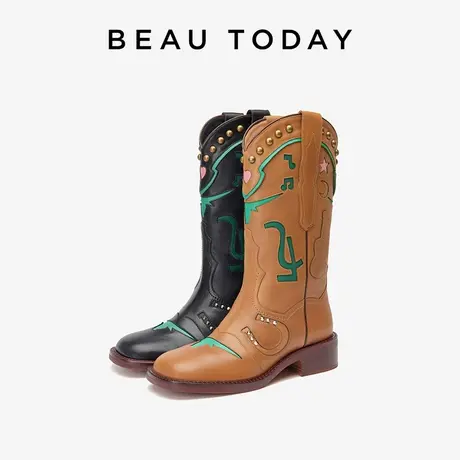 BeauToday西部牛仔靴子女2023新款复古长靴中筒靴女款皮靴西部靴商品大图