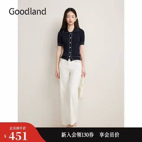 Goodland美地秋季撞色挑针毛针织衫双曲纱翻领上衣图片