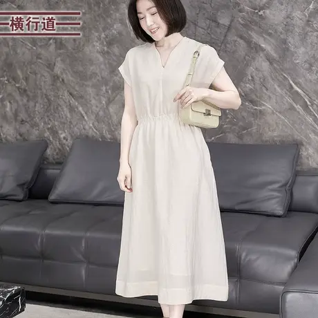 短袖天丝收腰长裙剪刀领白色连衣裙气质法式小白裙夏季女装文艺风图片