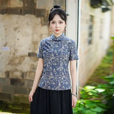 筠雅夏季新款蓝色唐装上衣女中式国风改良复古女士斜襟短袖25J159图片
