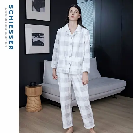 SCHIESSER舒雅女士法兰绒抽条格纹小翻领睡衣家居服套装21757H图片