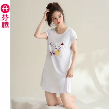 芬腾睡裙女夏季纯棉2024新款可爱印花宽松可外穿全棉短袖睡衣裙子商品大图