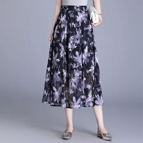 花色大摆裙女2025夏季新款高腰显瘦A字裙时尚气质中长裙半身裙子商品大图