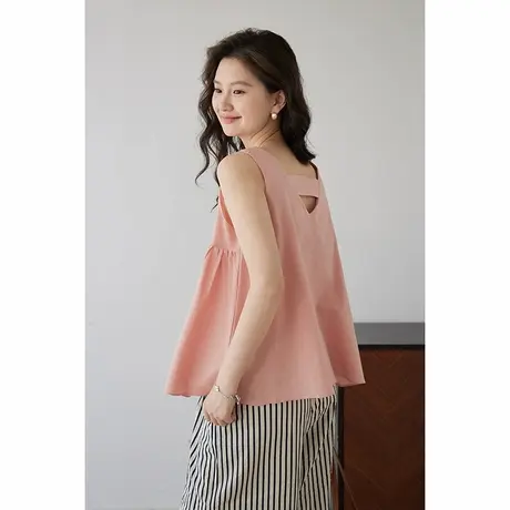 嘉茱莉新款无袖背心T恤女套头短袖衬衫春季chic上衣苎麻防晒衬衫图片