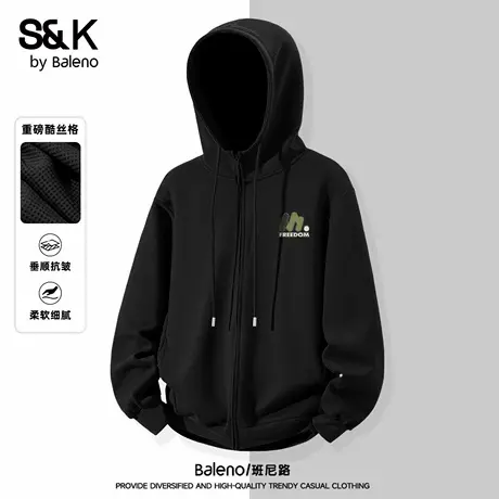班尼路S&K黑色外套男款秋季青年户外运动百搭卫衣重磅连帽夹克男商品大图