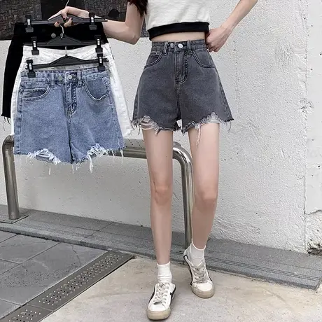 大码黑色破洞牛仔短裤女2025夏季新款胖mm外穿高腰a字阔腿五分裤商品大图