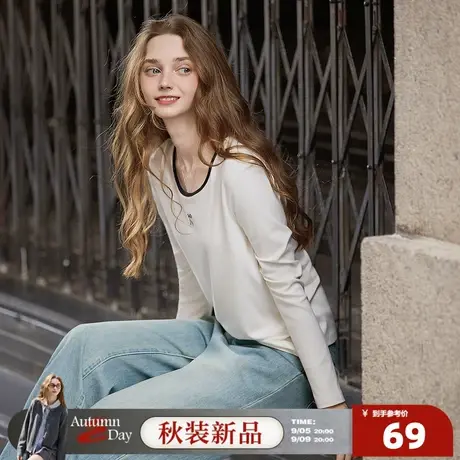 唐狮2025新款春秋打底衫女圆领撞边蝴蝶结长袖打底衣修身百搭显瘦商品大图