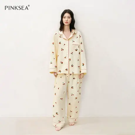 纯棉纱布睡衣女款春秋新款长袖长裤高级感樱桃可外穿家居服套装商品大图