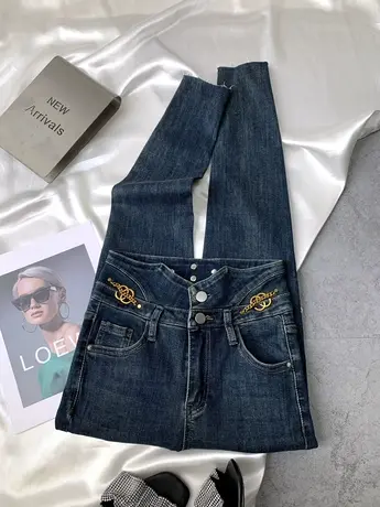 两粒扣金属牛仔小脚裤2023秋季新款显瘦百搭减龄高腰铅笔裤弹力裤商品大图