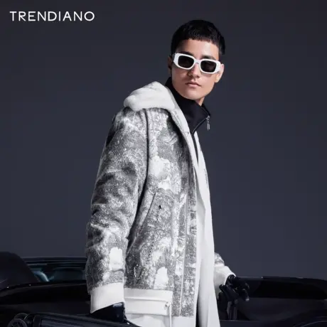 TRENDIANO官方潮牌秋季男装毛领链条亮丝毛呢时尚印花外套大衣男图片