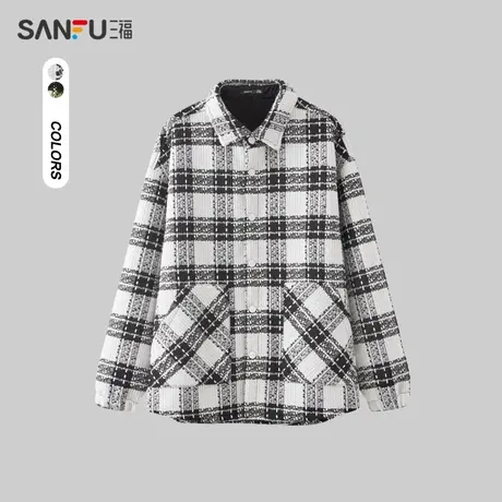 三福2023冬男士小香风格纹加绒长衬衫 时尚宽松翻领上衣477647商品大图