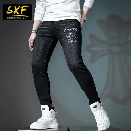 SXF圣希梵牛仔裤男 秋季新款烫钻男裤潮牌水洗做旧小脚男士长裤子图片