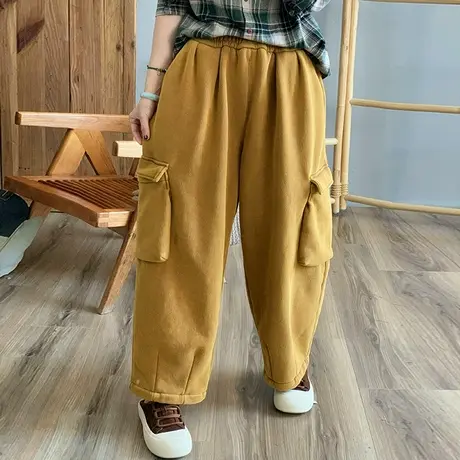 dza 高腰显瘦加厚休闲裤子女冬口袋长裤宽松阔腿加绒裤外穿直筒裤图片
