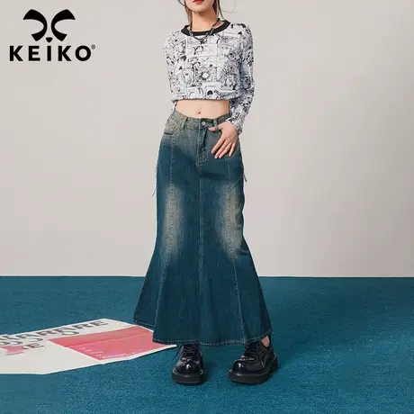 KEIKO 水洗做旧鱼尾牛仔半身裙2023秋冬复古高腰遮胯显瘦包臀长裙图片