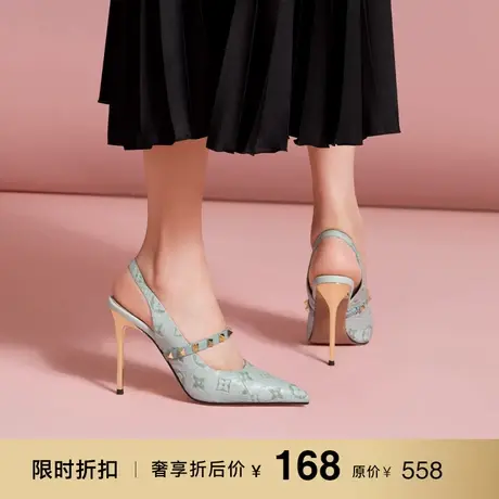 熙漫2023春夏新款包头凉鞋性感铆钉套脚一字带高跟鞋气质细跟女鞋商品大图