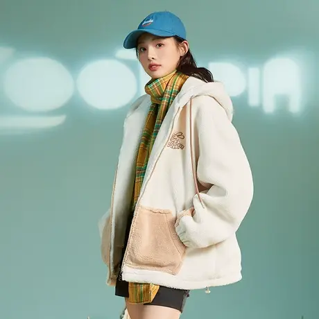 唐狮秋冬仿羊羔毛连帽卫衣开衫女士短外套小香风图片