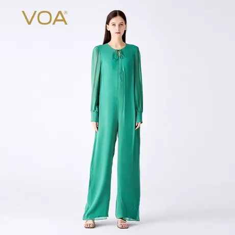 VOA30姆米重磅桑蚕丝灰绿V领衬衫袖撞料乔其宽松百搭真丝连体长裤图片