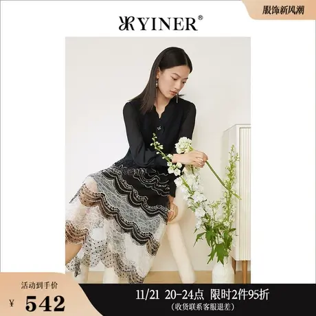 YINER音儿线上专选女装春季网纱绣花拼接娃娃V领中长裙针织连衣裙图片