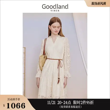 Goodland美地女装2023秋季优雅蕾丝木耳花边腰带肌理连衣裙图片