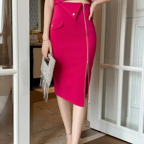 时尚百搭职业工装开叉半身裙2024新款高腰修身设计感红色包臀裙女商品大图