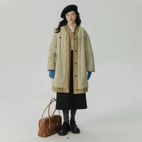 omont蛋挞家 葫芦绗棉假两件棉服女冬季宽松中长款棉衣夹棉外套商品大图