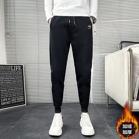 秋冬款男士运动裤休闲裤裤子纯色卫裤刺绣哈伦加绒潮流加厚束腿裤商品大图