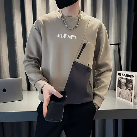 春秋季2023新款拼接撞色男套头卫衣潮牌休闲高街痞帅潮流长袖t恤商品大图