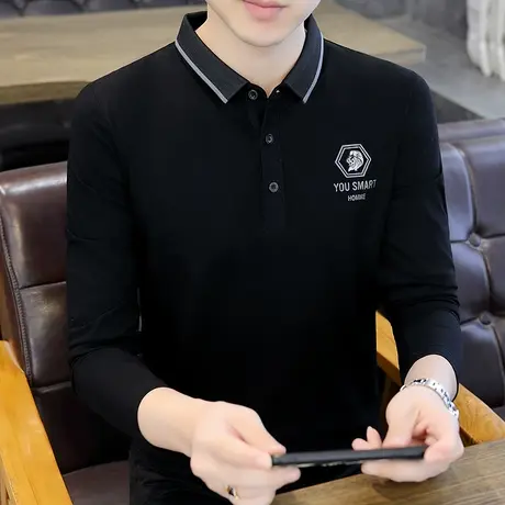 纯棉长袖t恤男士秋季薄款翻领体恤带领POLO衫男装上衣服大码秋衣图片