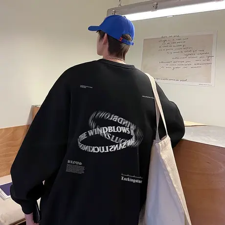 卫衣男秋季2023年潮流港风宽松圆领上衣ins潮牌字母印花百搭外套商品大图