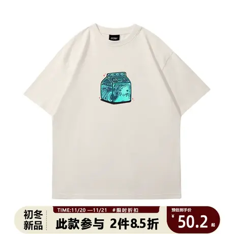 情侣短袖t恤潮牌痞帅炸街港风章鱼牛奶盒设计感大码纯棉宽松潮流T图片