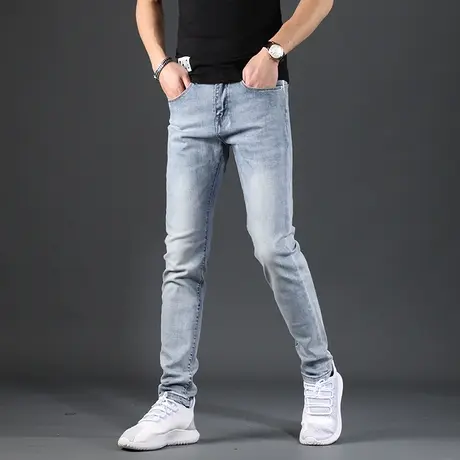 牛仔裤男夏季2021年新款潮牌修身小脚浅蓝色弹力休闲牛仔长裤男士商品大图