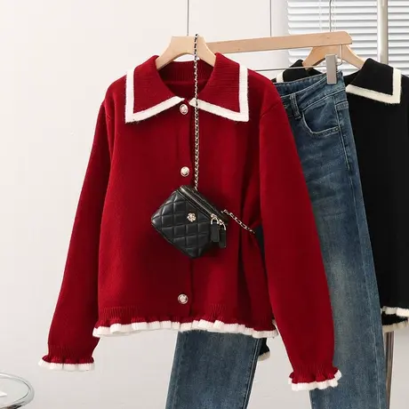 2023秋装新款韩版女士毛衣针织衫上衣外套长袖拼色纽扣百搭开衫女商品大图