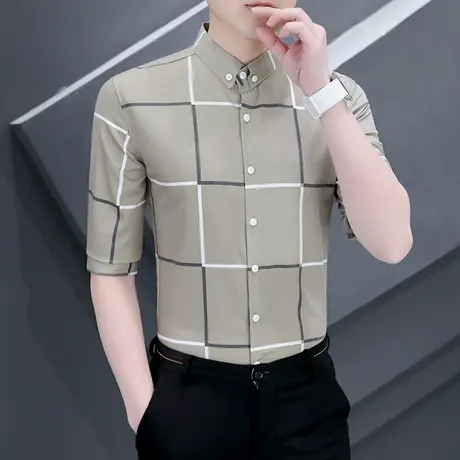 中袖衬衫男士薄款潮流衬衣高级感韩版七分袖休闲寸衣夏季短袖男装商品大图