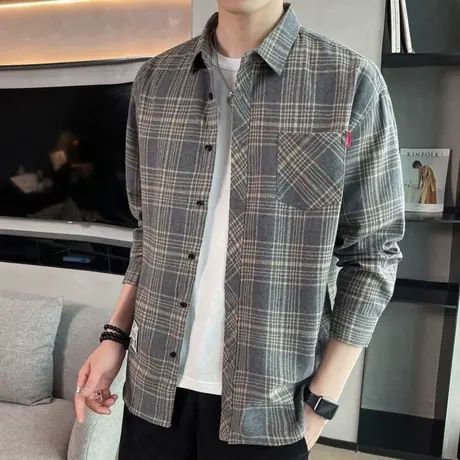 日系格子长袖衬衫男款春秋新款宽松休闲潮牌ins港风寸衣男士外套商品大图