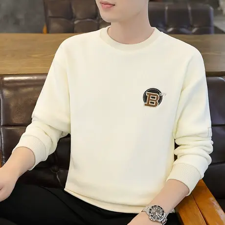 字母刺绣卫衣男士秋冬季潮牌加绒加厚圆领打底衫羊羔毛绒秋装上衣商品大图