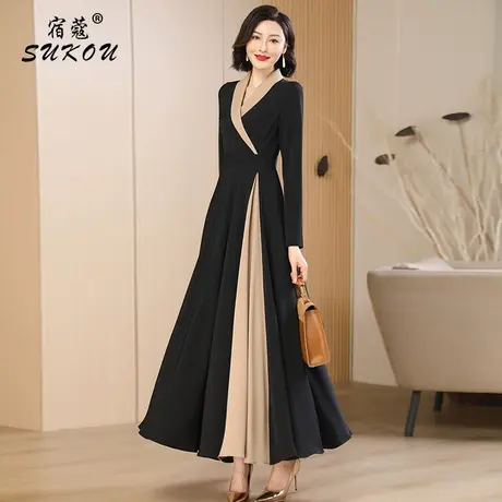 黑色卡其色拼接连衣裙女2024秋装新款高端精致大摆长裙收腰显身材图片