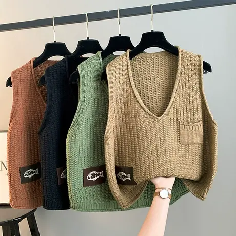 V领针织马甲背心女2025春装新款宽松慵懒风外穿口袋马甲外搭毛衣图片