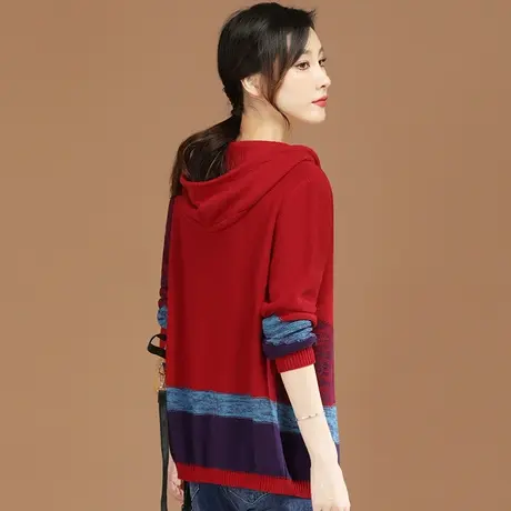 韩潮袭人撞色连帽开衫针织衫女2023新款秋装宽松休闲百搭毛衣外套图片