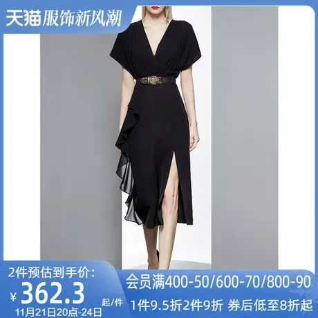 AUI欧洲站黑色赫本风气质V领连衣裙女夏2024新款修身显瘦开叉裙子图片