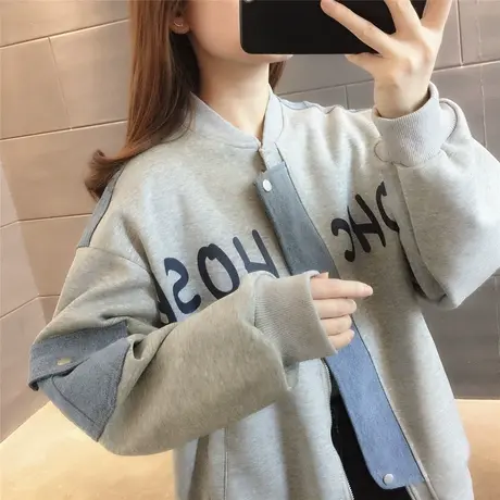 2023秋季新款小香风炸街上衣牛仔拼接棒球服外套女假两件卫衣潮图片