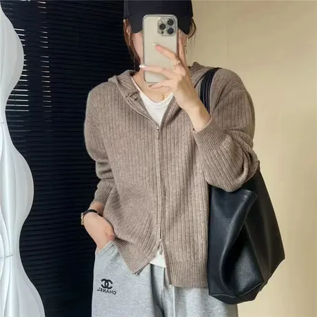 纯色连帽针织开衫女2023新款设计感拉链毛衣外套休闲宽松上衣洋气图片
