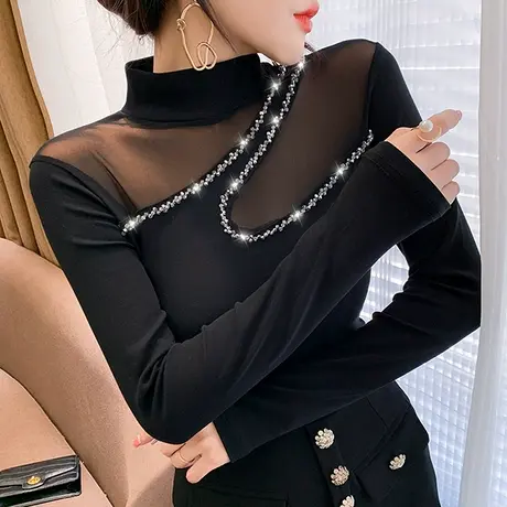 性感网纱拼接T恤女长袖名媛气质镂空上衣钉珠半高领打底衫春秋潮图片