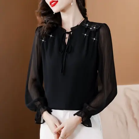 小清新雪纺衫女长袖2023年新款春秋款上衣高档时尚洋气泡泡袖t恤商品大图