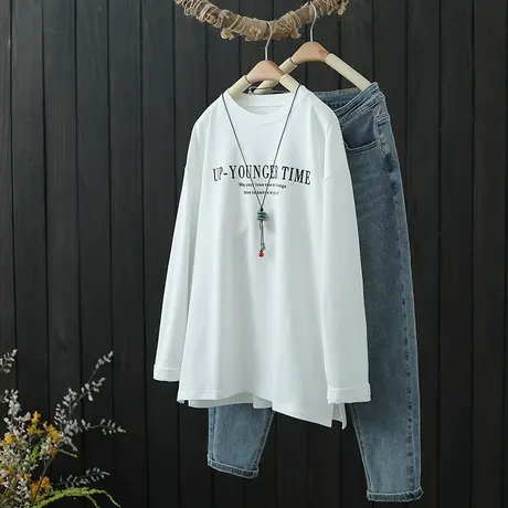 春秋季新款字母印花长袖纯棉t恤女装打底衫外穿简约圆领宽松上衣商品大图