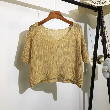 薄款短袖针织罩衫女套头夏装新款韩版宽松外搭镂空短款t恤上衣潮图片