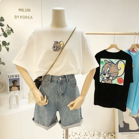 ins慵懒休闲短袖内搭2021春夏新款韩国东大门体恤衫闺蜜装大码女图片