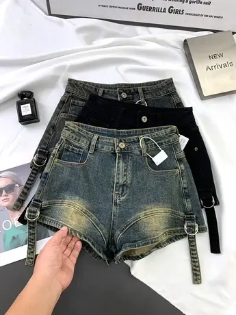 复古磨白绑带牛仔短裤女2023秋季新款显瘦百搭高腰裤弹力包臀短裤商品大图