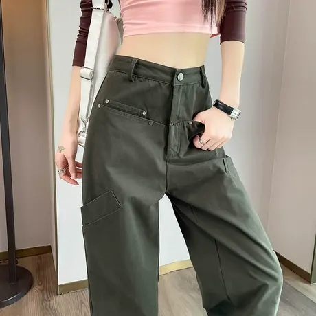 美式复古直筒工装裤女秋冬新款高腰显瘦军绿色小个子休闲阔腿裤潮商品大图